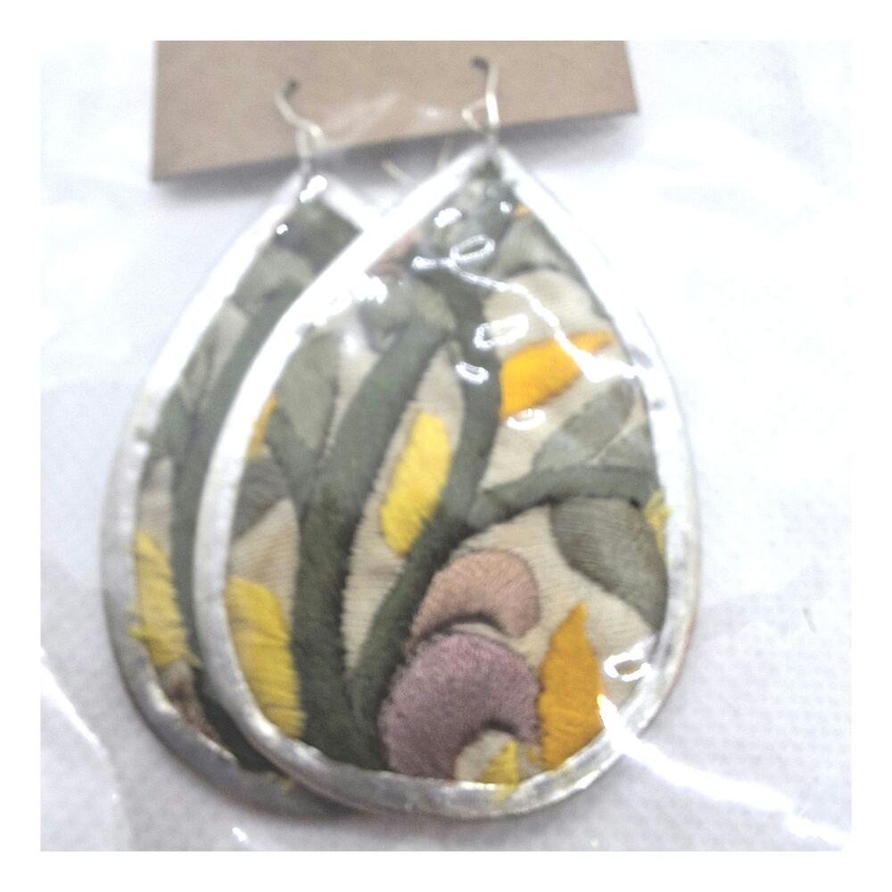 Embroidered Flower Teardrop Earring Yellow Green Silver Tone Fishhook Ear Wires